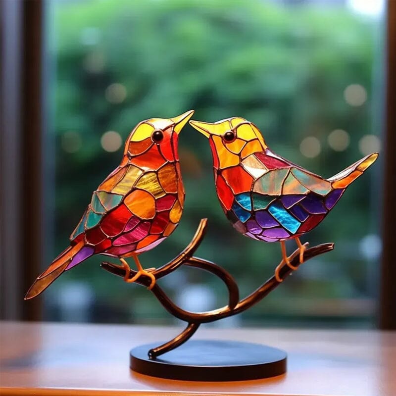 Birds on Branches Stained Acrylic Ornaments, Double Sided Multicolor Style