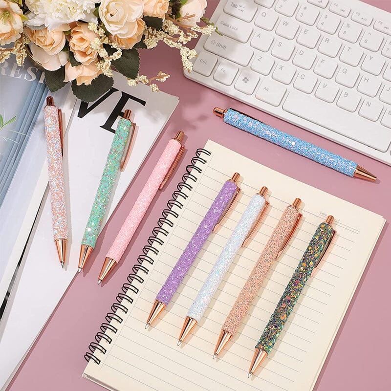 7 pcs PU Leather Sequin Press Ballpoint Pens