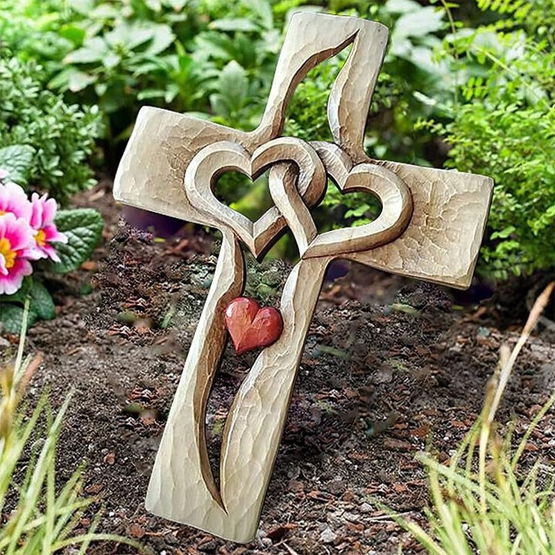 Carved Wooden Cross Intertwined Hearts