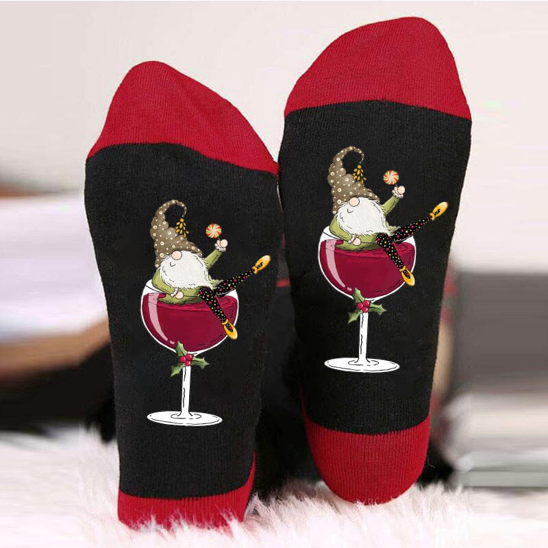 Christmas Gnome Wine Glass Unisex Crew Socks