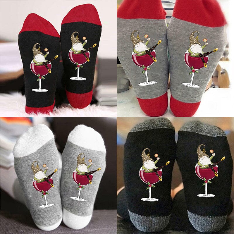 Christmas Gnome Wine Glass Unisex Crew Socks