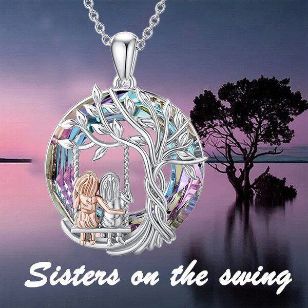Tree of Life Sister on the Swing Cry-stal Pendant Necklace