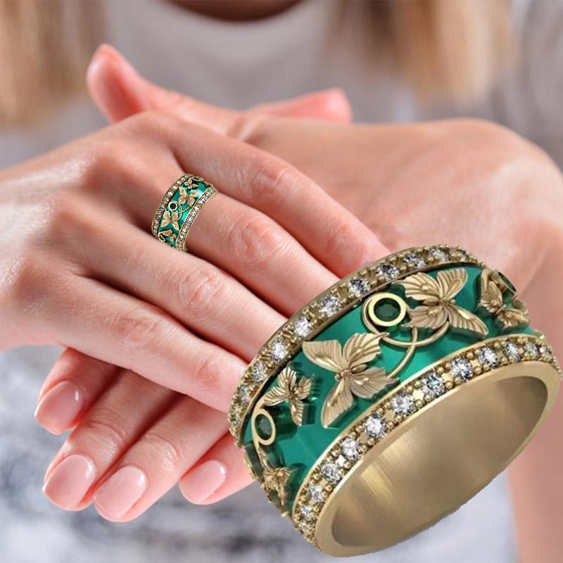 Green Butterfly Inlaid Zircon Ring