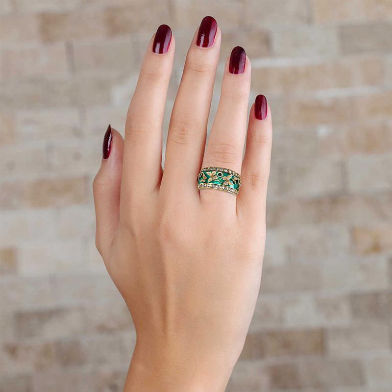 Green Butterfly Inlaid Zircon Ring