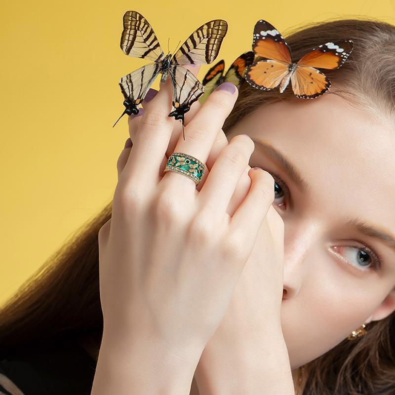 Green Butterfly Inlaid Zircon Ring