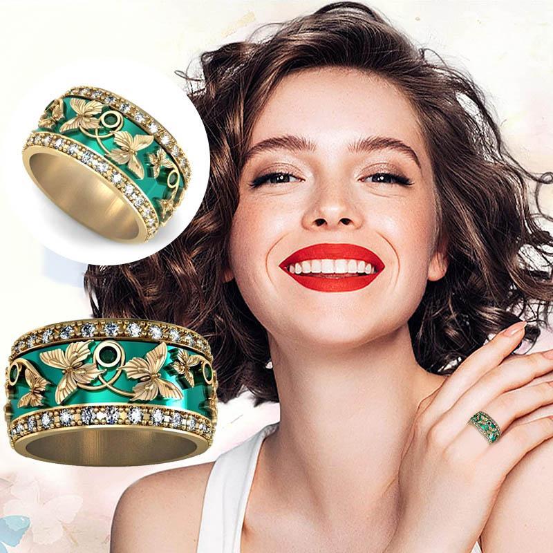 Green Butterfly Inlaid Zircon Ring