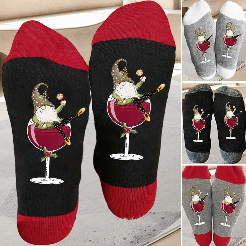 Christmas Gnome Wine Glass Unisex Crew Socks